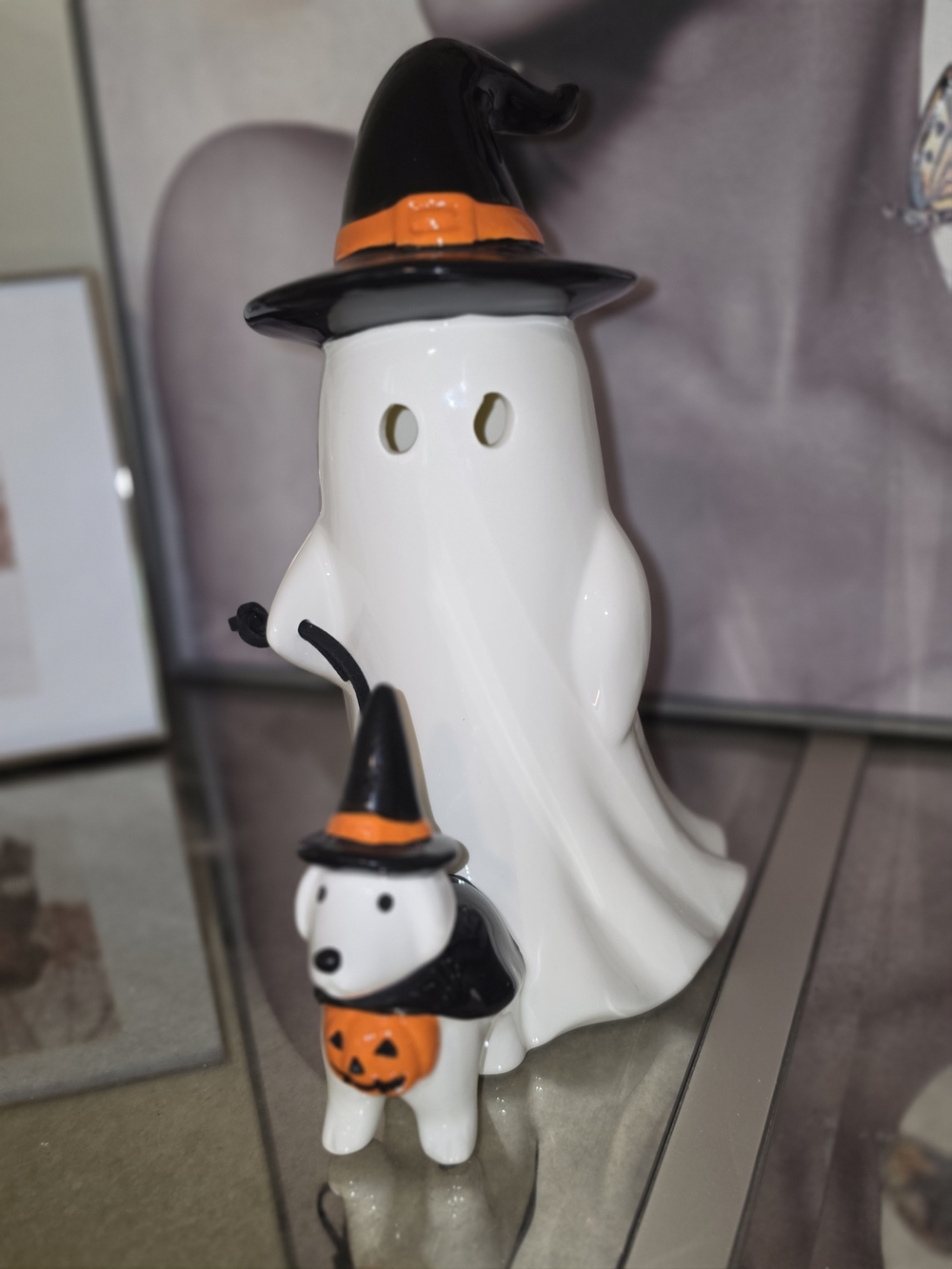 White and Black Ceramic Halloween Ghost with Orange Accents - Home Accent